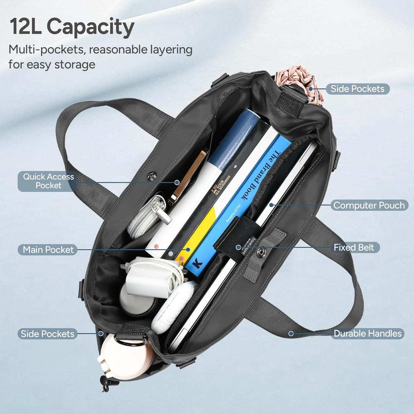Borsa tote porta computer unisex con scomparti multipli e tracolla regolabile
