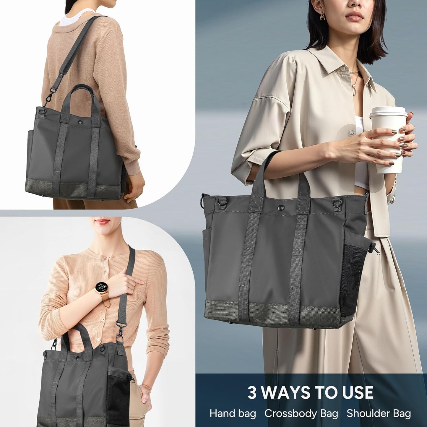 Borsa tote porta computer unisex con scomparti multipli e tracolla regolabile
