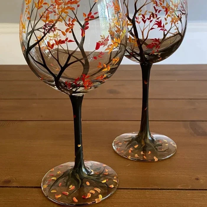 Calici da vino dipinti a mano - Albero delle quattro stagioni