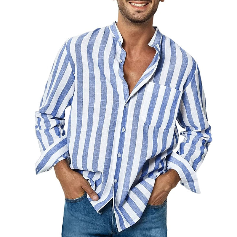 Camicia casual da uomo a righe a maniche lunghe