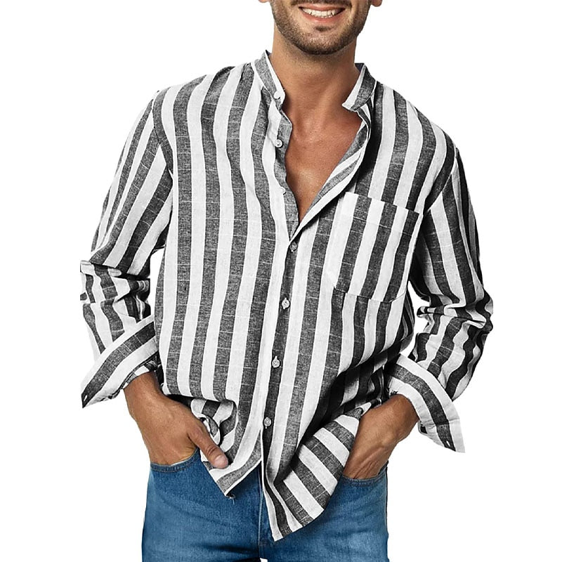 Camicia casual da uomo a righe a maniche lunghe