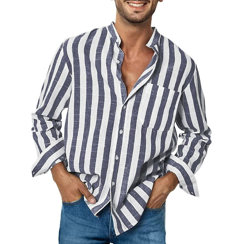 Camicia casual da uomo a righe a maniche lunghe