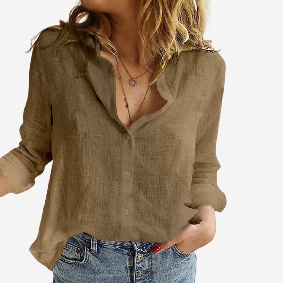 Camicia da donna in lino con bottoni a taglio morbido