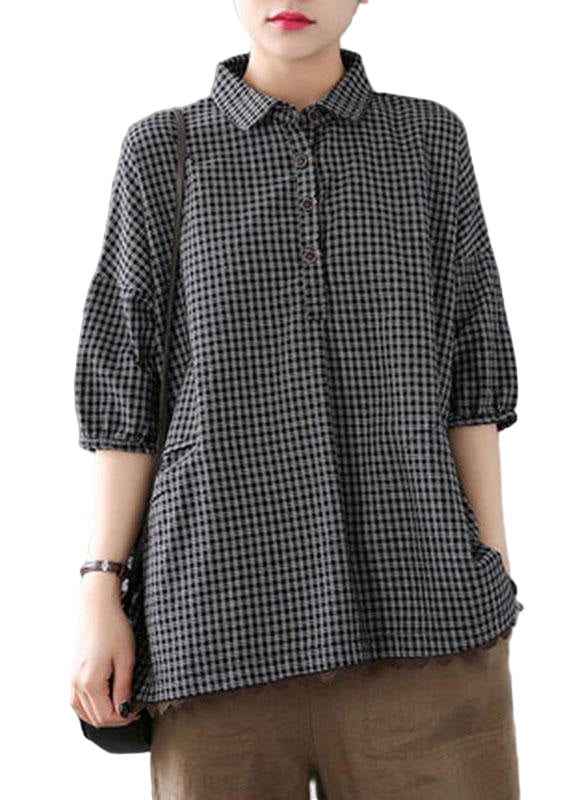 Camicia da donna morbida in cotone e lino a quadri con pizzo