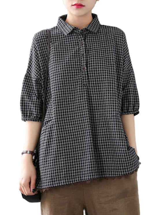 Camicia da donna morbida in cotone e lino a quadri con pizzo
