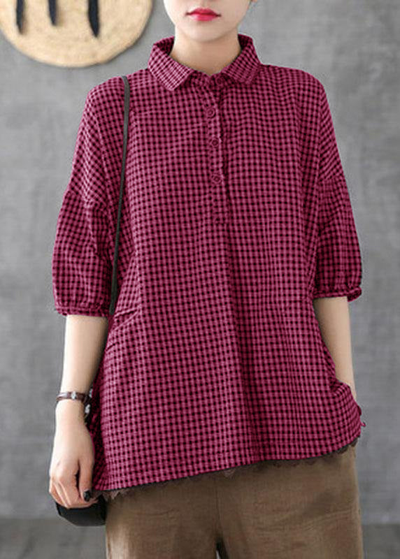 Camicia da donna morbida in cotone e lino a quadri con pizzo