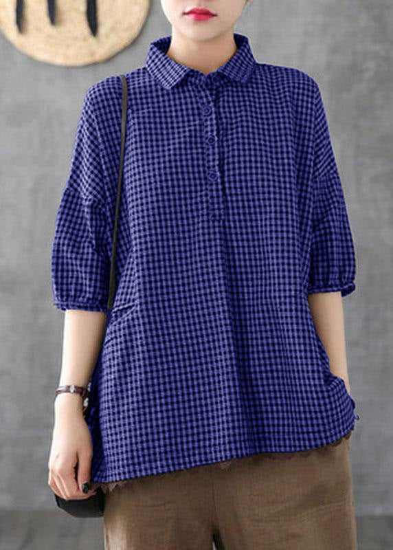 Camicia da donna morbida in cotone e lino a quadri con pizzo