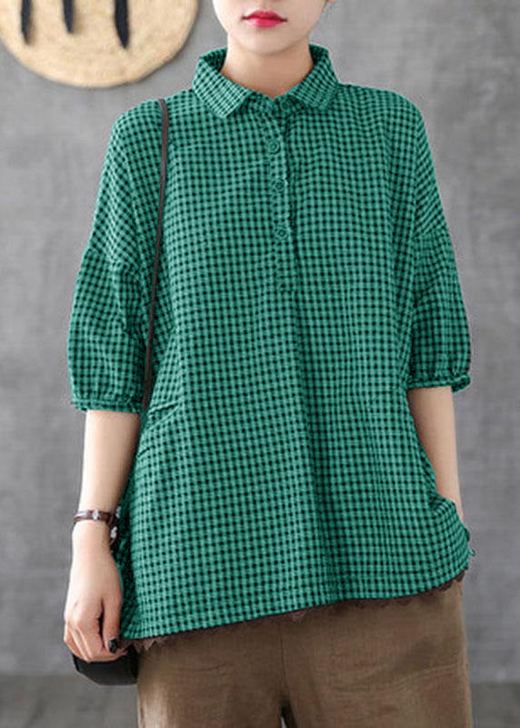 Camicia da donna morbida in cotone e lino a quadri con pizzo