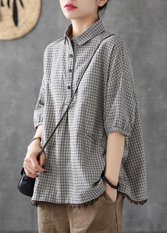 Camicia da donna morbida in cotone e lino a quadri con pizzo