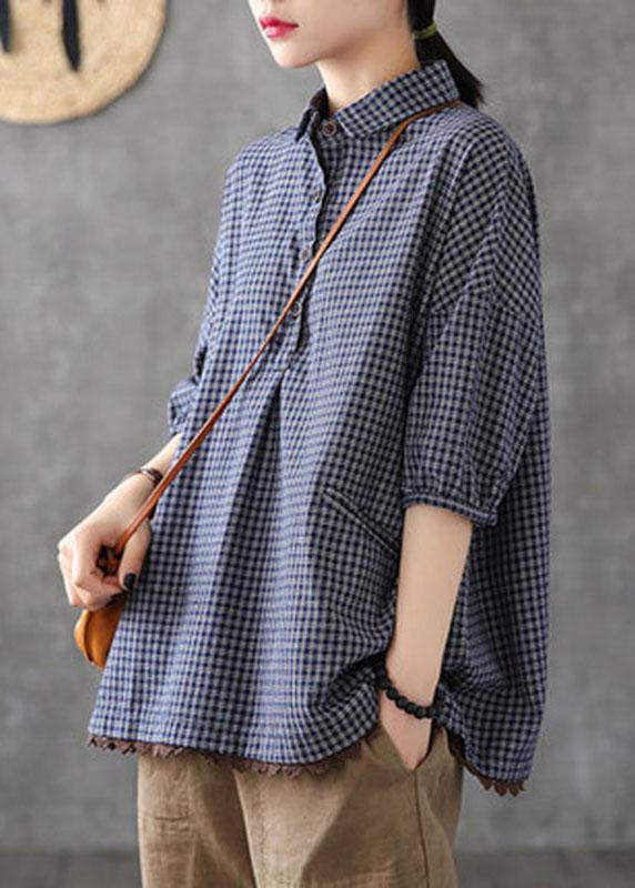 Camicia da donna morbida in cotone e lino a quadri con pizzo