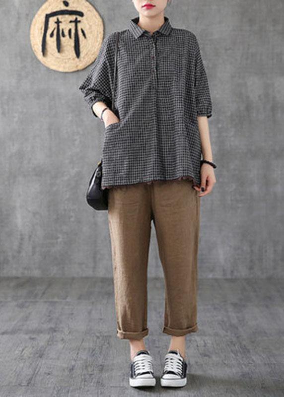 Camicia da donna morbida in cotone e lino a quadri con pizzo