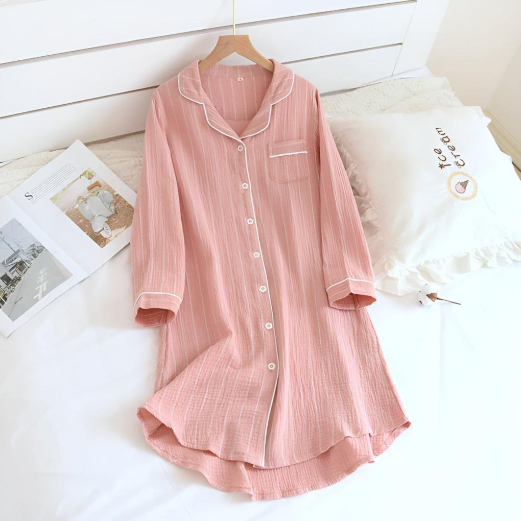 Camicia da notte da donna leggera a righe in mussola di cotone