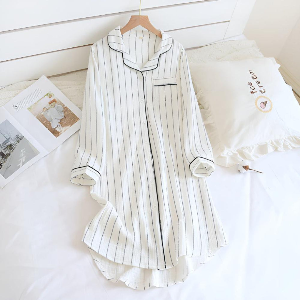 Camicia da notte da donna leggera a righe in mussola di cotone