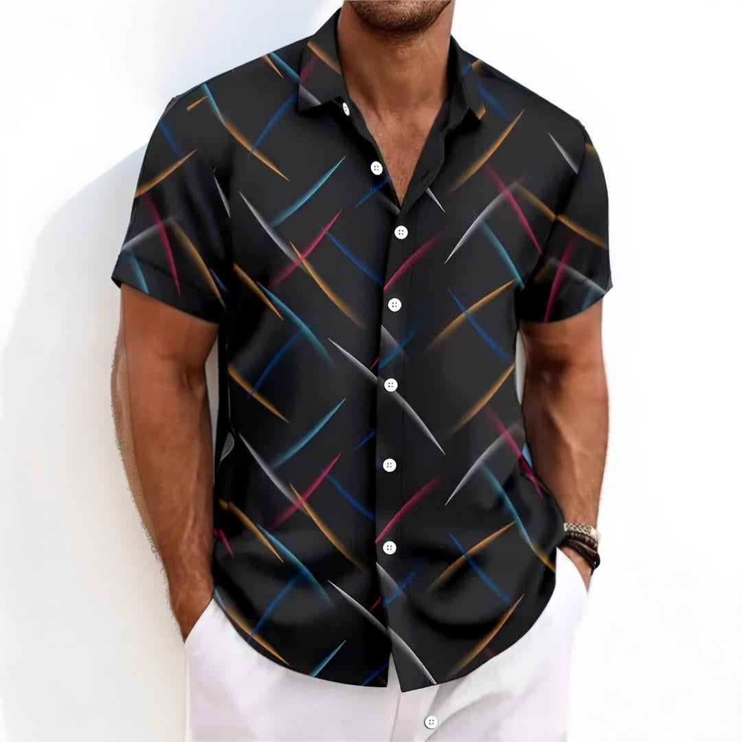 Camicia da uomo a maniche corte con motivo geometrico e patta con bottoni
