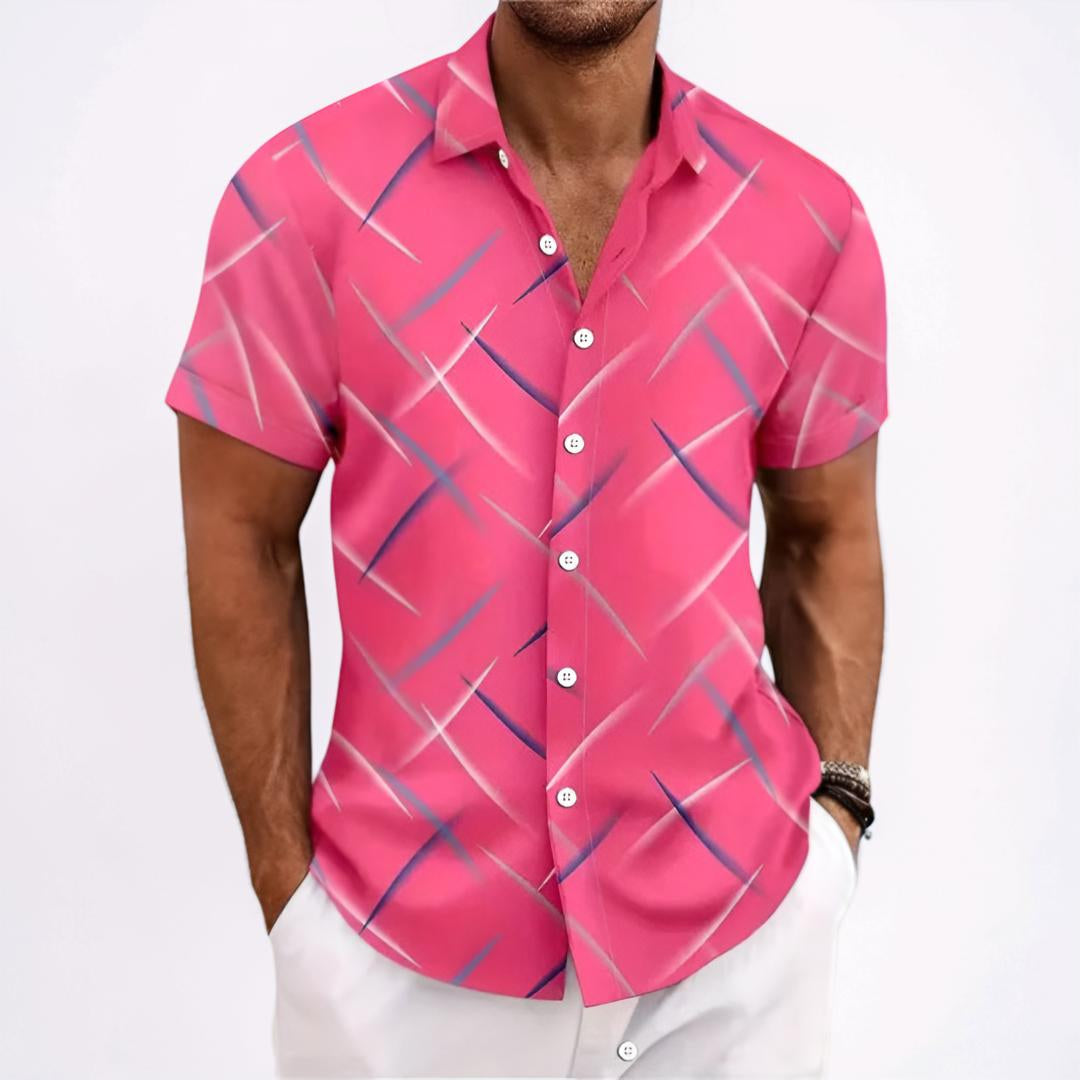 Camicia da uomo a maniche corte con motivo geometrico e patta con bottoni