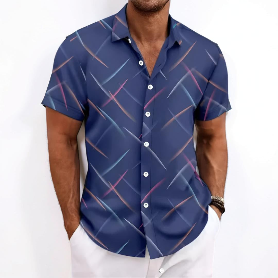 Camicia da uomo a maniche corte con motivo geometrico e patta con bottoni