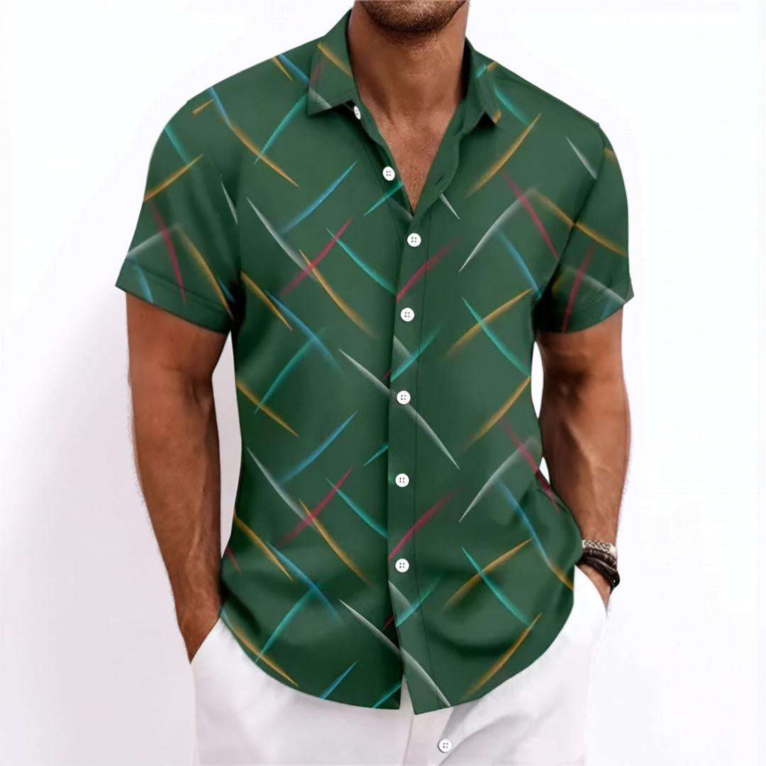 Camicia da uomo a maniche corte con motivo geometrico e patta con bottoni
