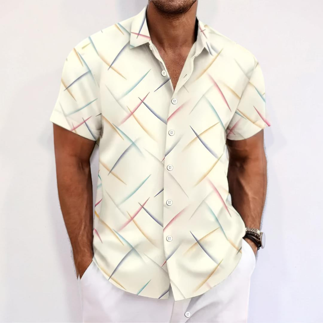 Camicia da uomo a maniche corte con motivo geometrico e patta con bottoni