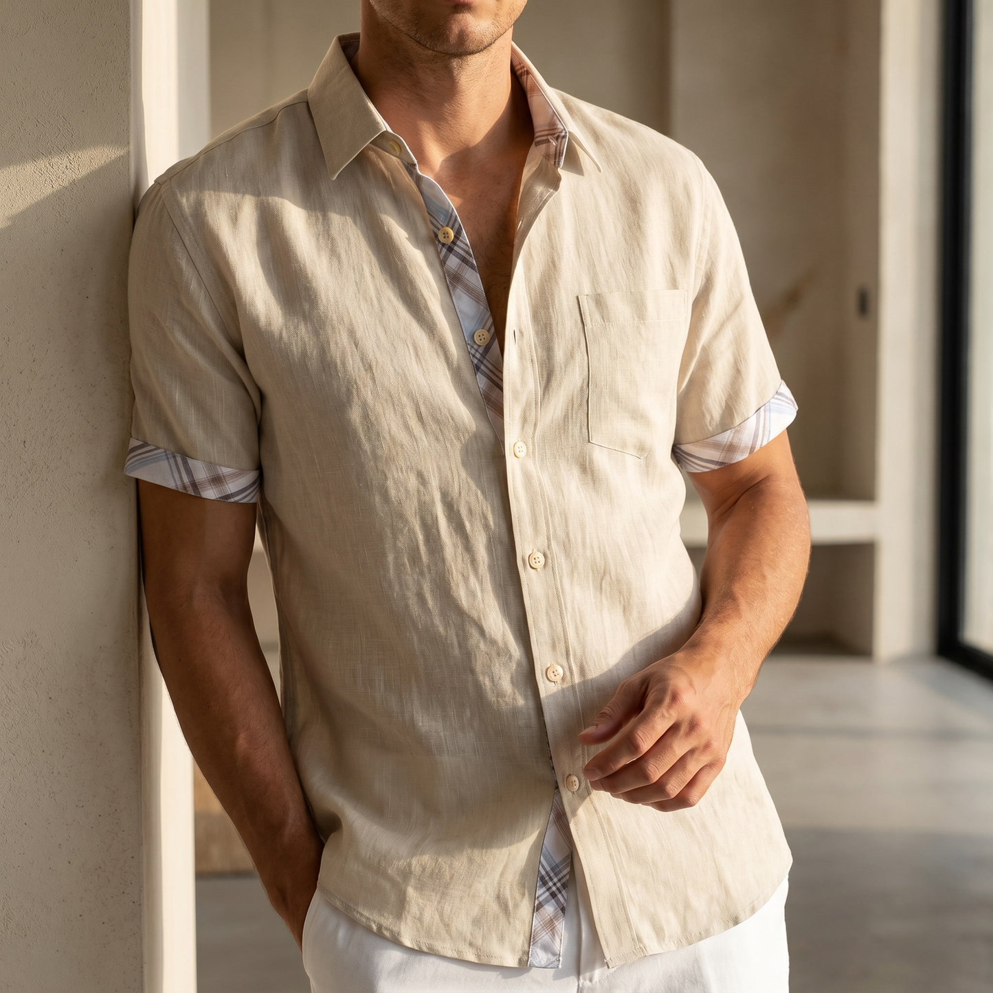 Camicia da Uomo a Maniche Corte in Cotone con Motivo a Quadri Grafico – Top Estivo Casual