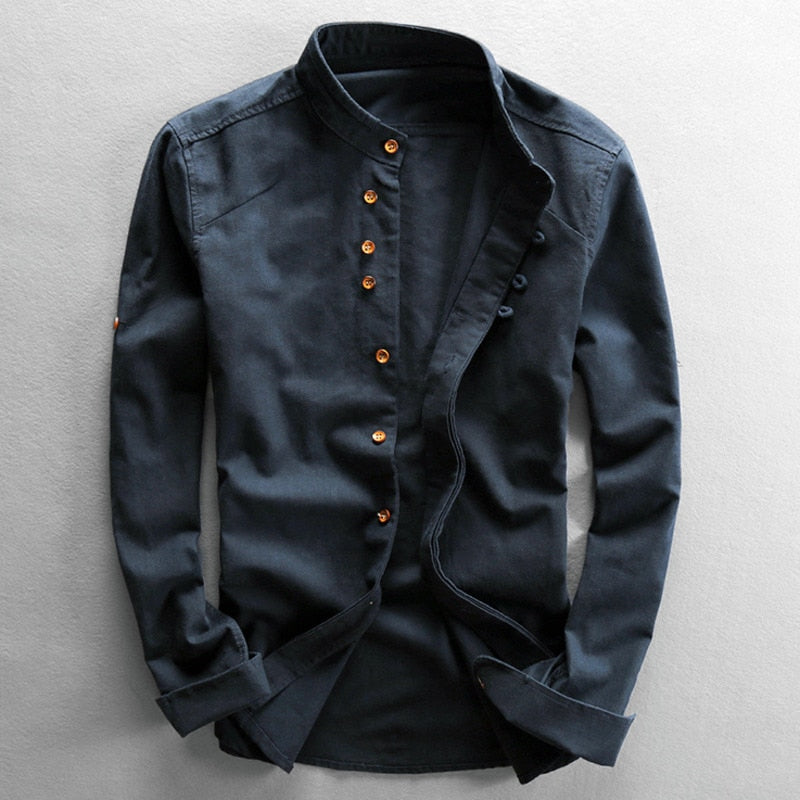 Camicia da uomo a maniche lunghe con colletto alla coreana