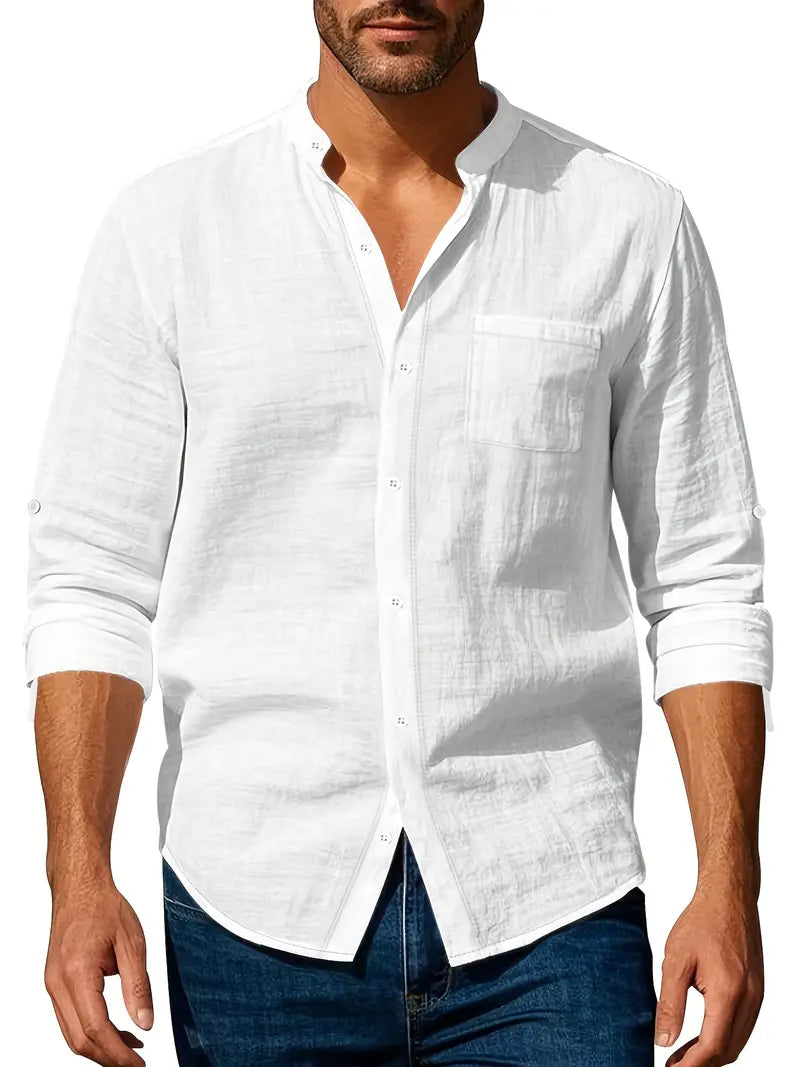 Camicia da Uomo a Maniche Lunghe con Collo alla Coreana