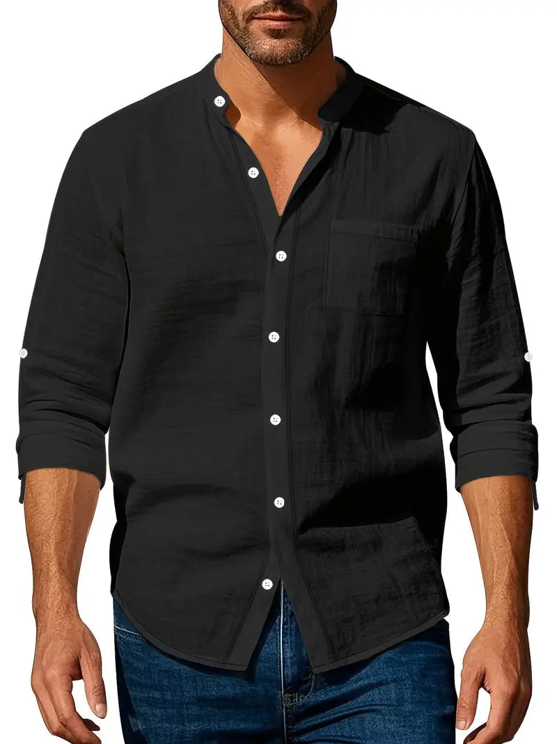 Camicia da Uomo a Maniche Lunghe con Collo alla Coreana