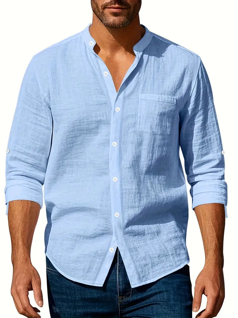 Camicia da Uomo a Maniche Lunghe con Collo alla Coreana