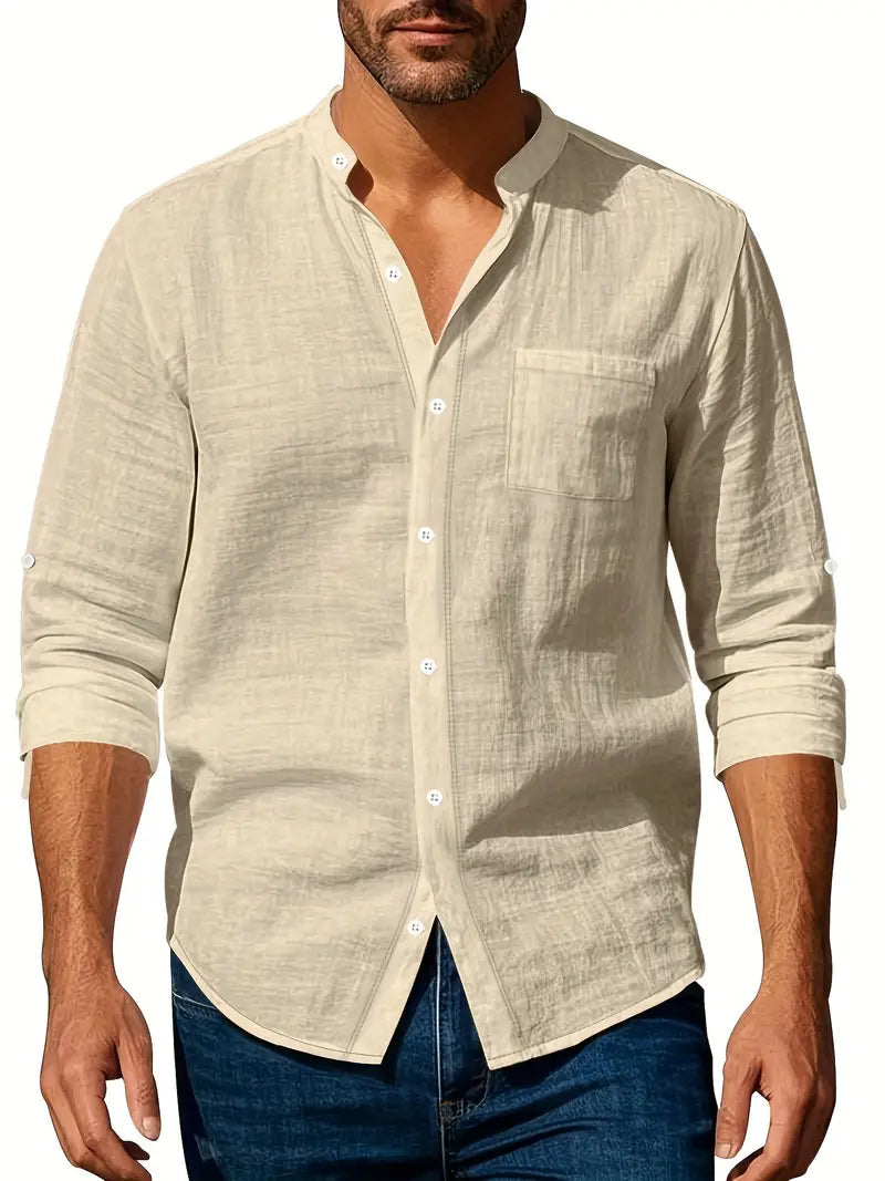 Camicia da Uomo a Maniche Lunghe con Collo alla Coreana