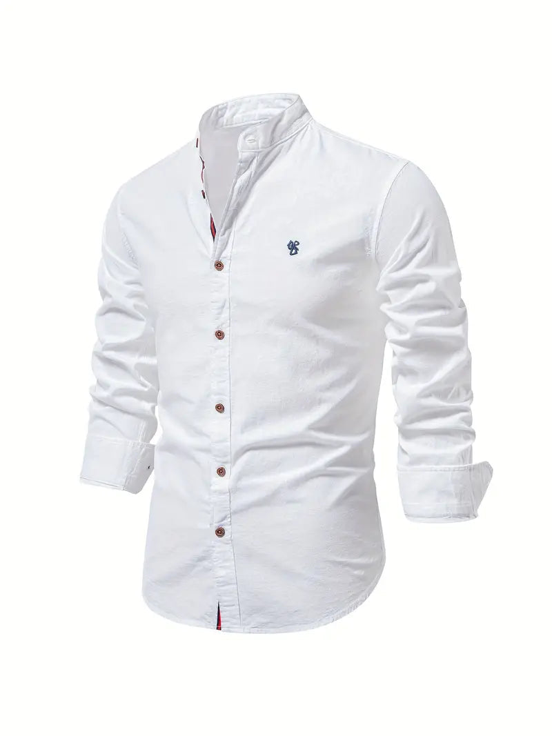 Camicia da Uomo a Maniche Lunghe con Collo alla Coreana e Bottoni