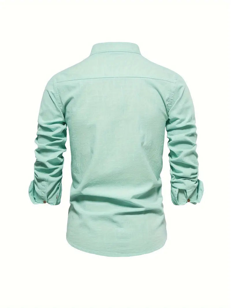 Camicia da Uomo a Maniche Lunghe con Collo alla Coreana e Bottoni