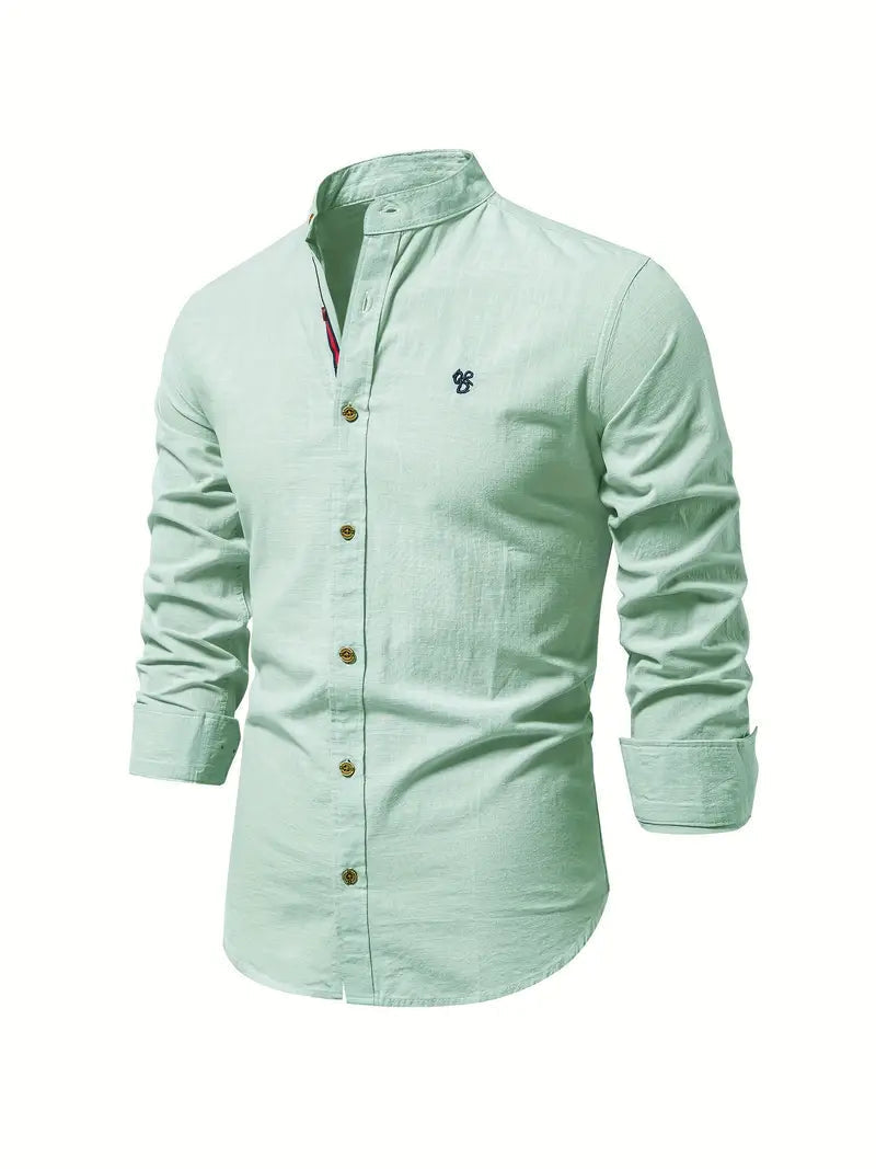 Camicia da Uomo a Maniche Lunghe con Collo alla Coreana e Bottoni