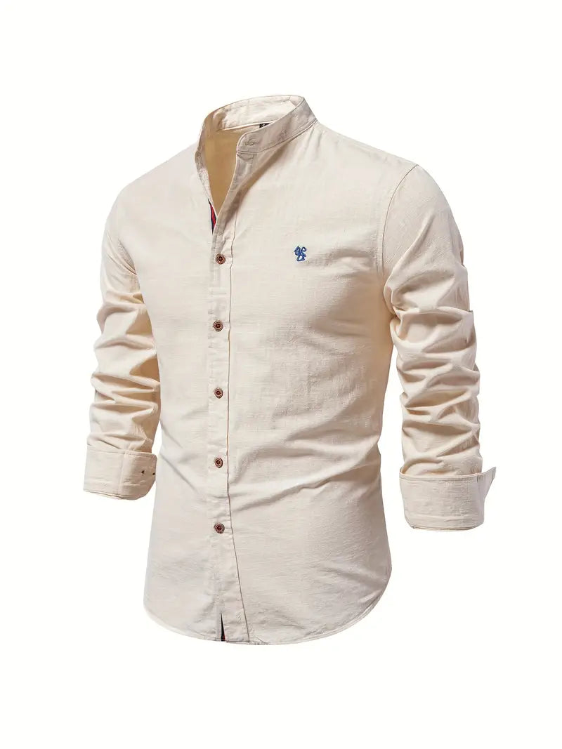 Camicia da Uomo a Maniche Lunghe con Collo alla Coreana e Bottoni