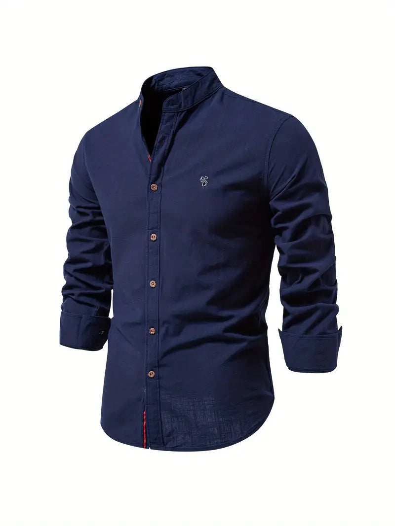 Camicia da Uomo a Maniche Lunghe con Collo alla Coreana e Bottoni