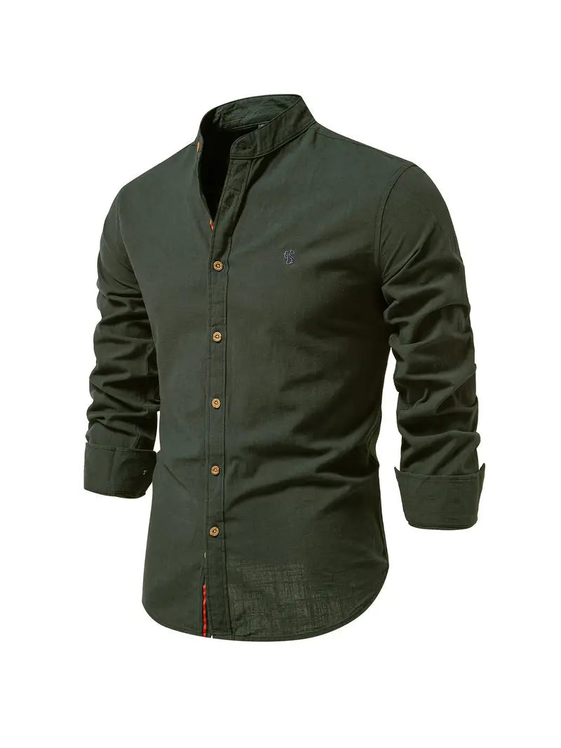 Camicia da Uomo a Maniche Lunghe con Collo alla Coreana e Bottoni