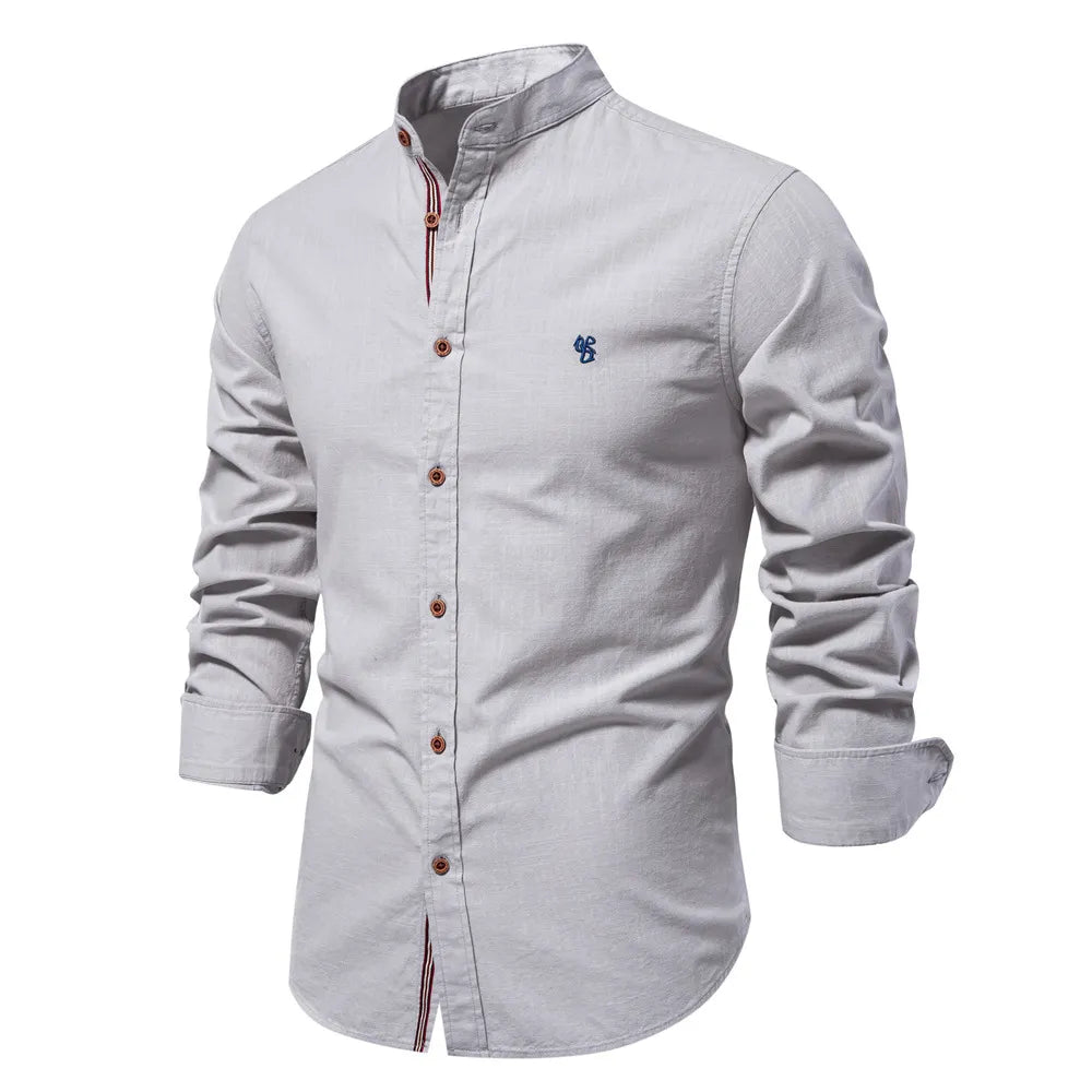Camicia da Uomo a Maniche Lunghe con Collo alla Coreana e Bottoni