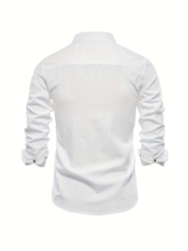 Camicia da Uomo a Maniche Lunghe con Collo alla Coreana e Bottoni
