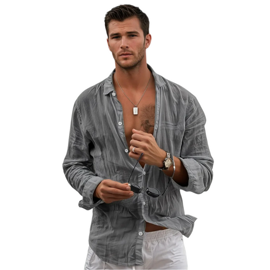 Camicia da uomo a maniche lunghe in cotone e lino vestibilità classica