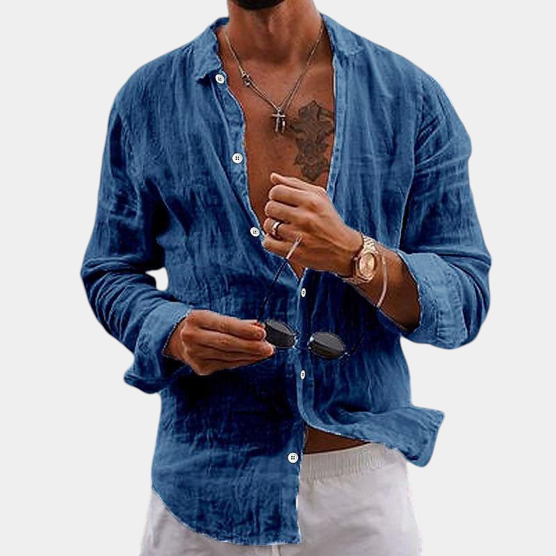 Camicia da uomo a maniche lunghe in cotone e lino vestibilità classica