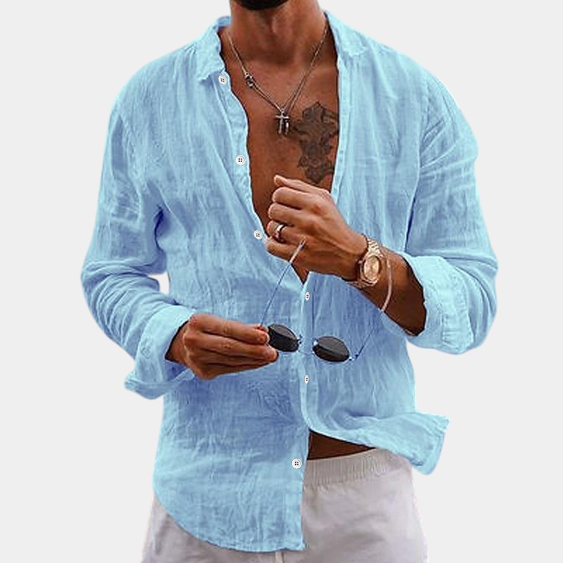 Camicia da uomo a maniche lunghe in cotone e lino vestibilità classica