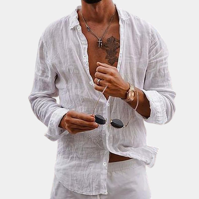 Camicia da uomo a maniche lunghe in cotone e lino vestibilità classica