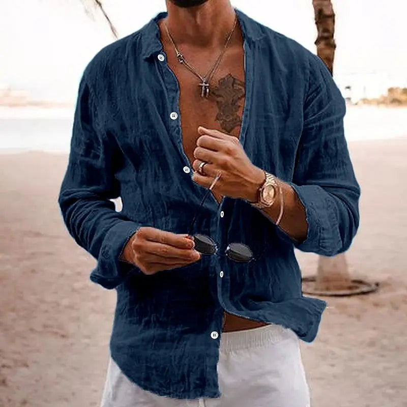 Camicia da uomo a maniche lunghe in cotone e lino vestibilità classica