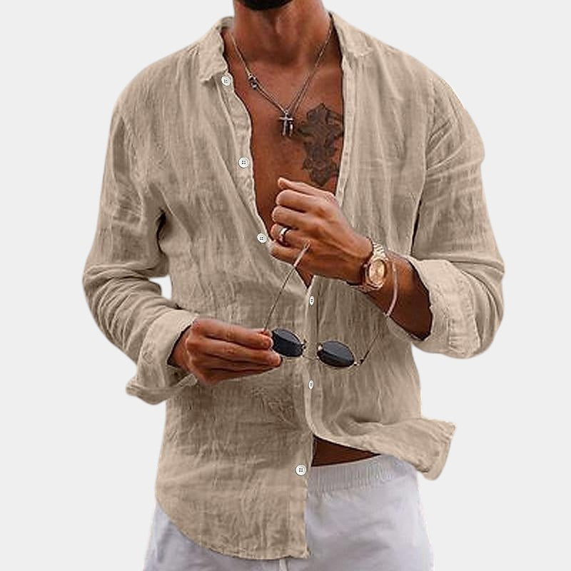 Camicia da uomo a maniche lunghe in cotone e lino vestibilità classica