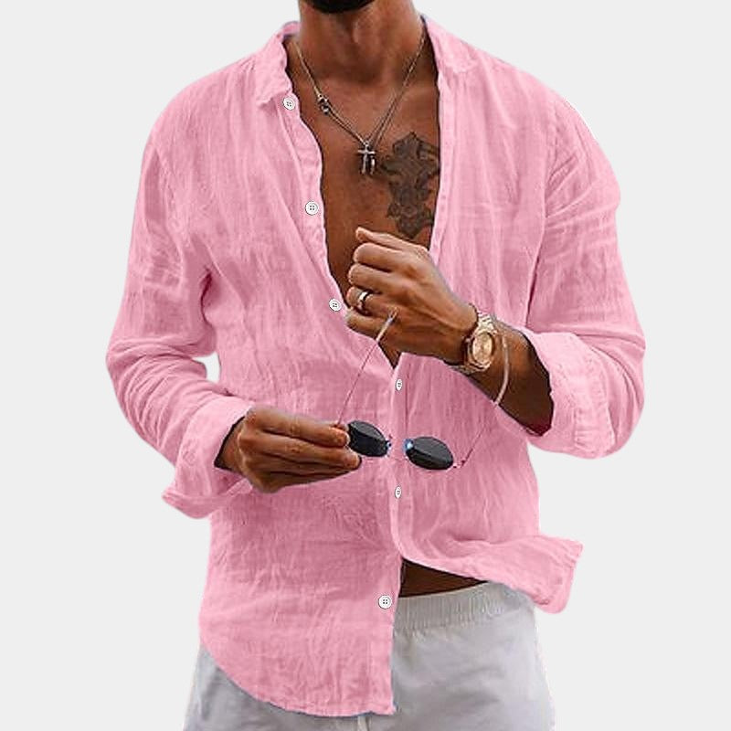 Camicia da uomo a maniche lunghe in cotone e lino vestibilità classica