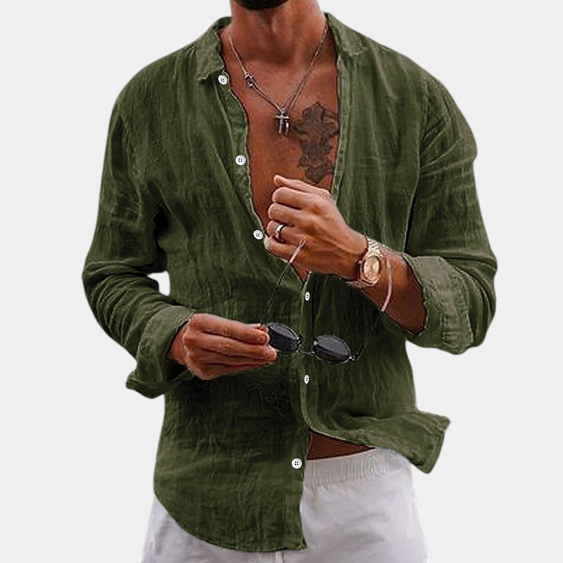Camicia da uomo a maniche lunghe in cotone e lino vestibilità classica