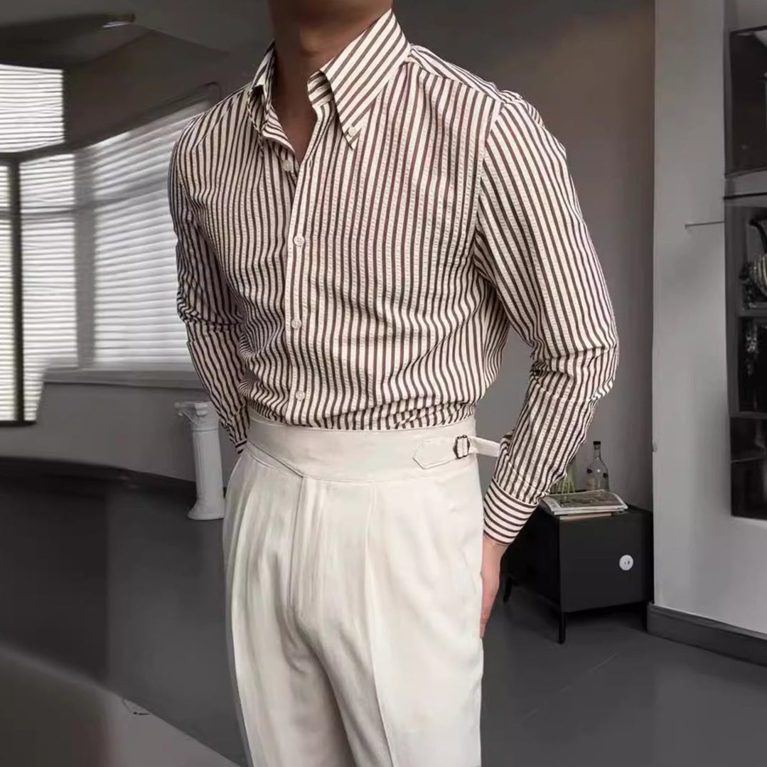 Camicia da uomo a righe a maniche lunghe con allacciatura a bottoni