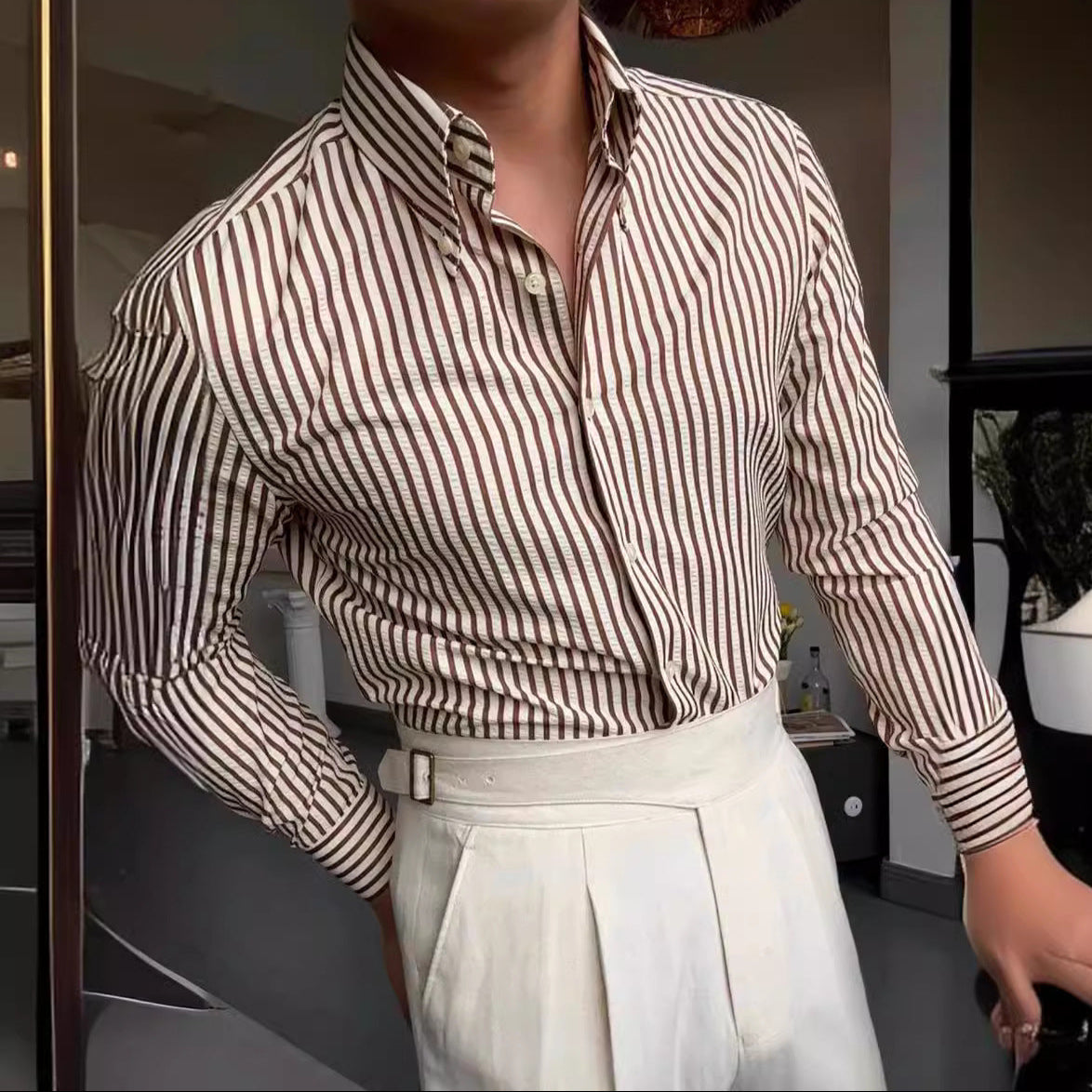 Camicia da uomo a righe a maniche lunghe con allacciatura a bottoni
