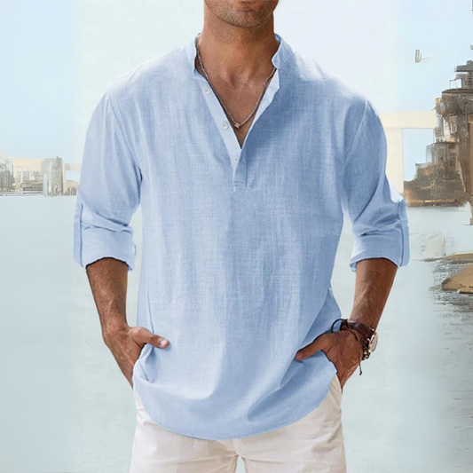 Camicia in lino traspirante con colletto alla coreana con spacco
