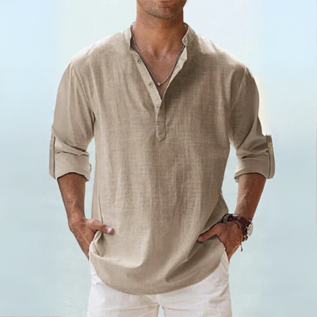 Camicia in lino traspirante con colletto alla coreana con spacco