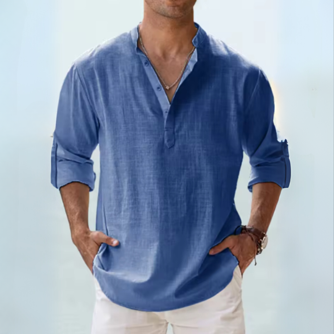 Camicia in lino traspirante con colletto alla coreana con spacco