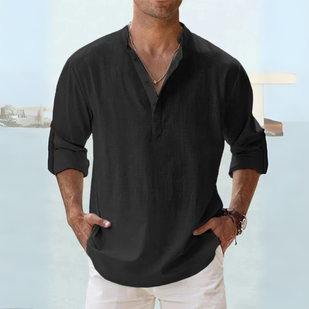 Camicia in lino traspirante con colletto alla coreana con spacco